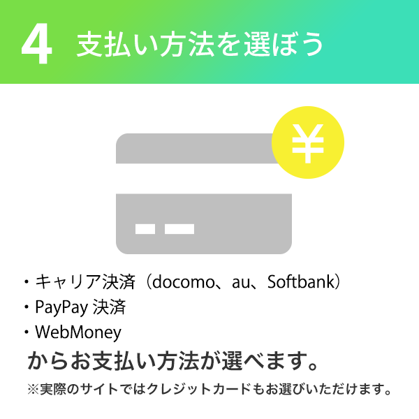 4.支払い方法を選ぼう ・クレジットカード・キャリア決済（docomo、au、Softbank）・WebMoney・PayPay決済からお支払い方法が選べます。
